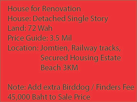 Jomtien beach house for Renovation for sale